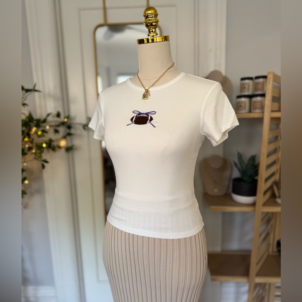 NWT Le Lis White Tee with Embroidered Bow and Football